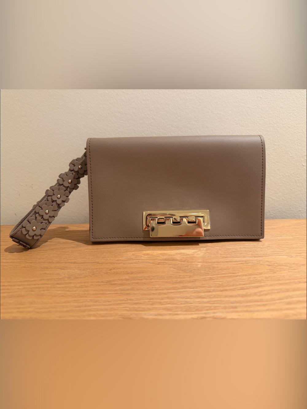 Designer-Style Floral Wristlet Clutch in Taupe